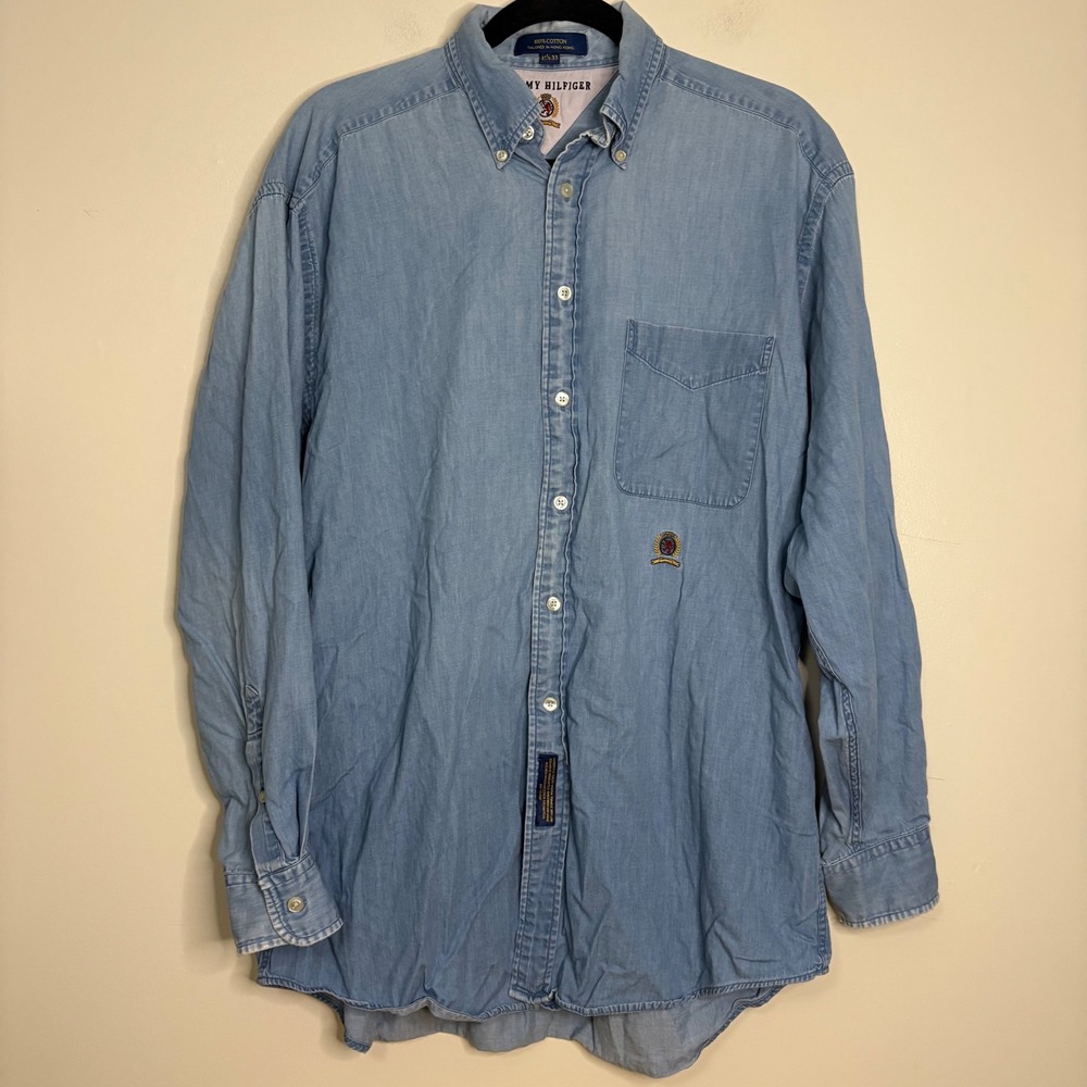 Tommy Hilfiger Men's Denim Shirt, Long Sleeve, Button Down, Light Blue, Casual